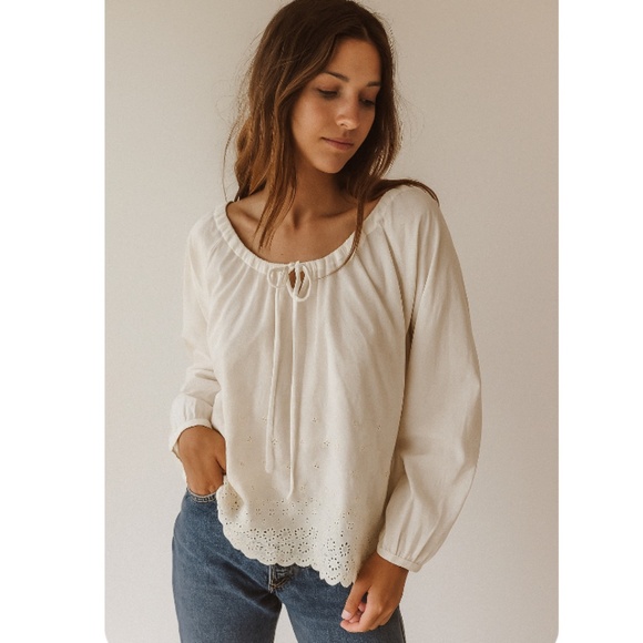 J Crew White Soft Cotton Eyelet Lace Drawstring Neck Peasant Blouse Top SZ 8 - Picture 1 of 11